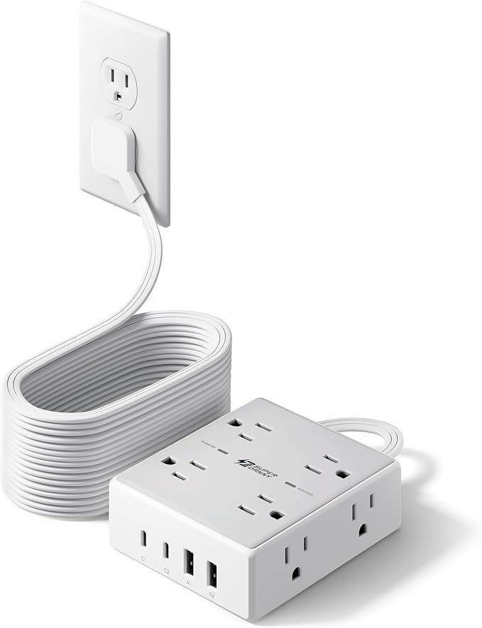 SUPERDANNY Extension Cord,Flat Plug Surge Protector Power Strip,20Ft | 8 AC & 4 USB Ports (2 USB C),Surge Protector with 1050J,Desk Charging Station for Home Office,College Dorm Room Essentials by SUPERDANNY