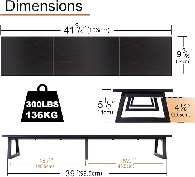 TEAMIX Black 42 inch Dual Monitor Riser,Wood and Steel Long Monitor Stand for 2 Monitors with Storage Large TV Riser Computer Laptop Stand for Desk Office Organization - Image 5