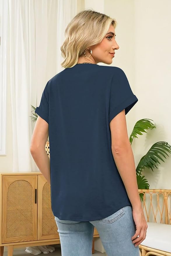 Womens Henley Summer Tops V Neck Button Dressy Casual T Shirts Blouses | Breathable, V-Neck Button, Striped, Loose Fit, Business Casual, Office, Vacation, Spring Summer Tops, Basic Shirts - Image 3