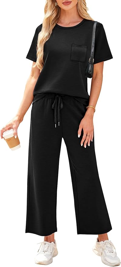 WIHOLL 2 Piece Sets for Women Casual Summer Travel Vacation Outfits Short Sleeve Wide Leg Crop Pants Lounge Sets - Image 2
