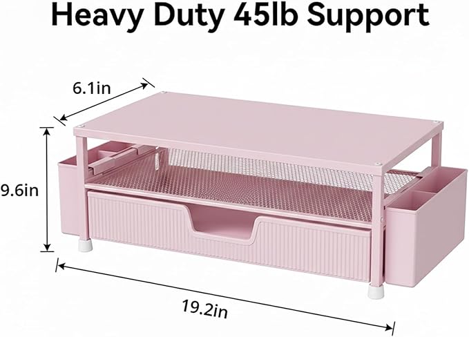 ECOLOVI Desk Organizer and Accessories, 2-Tier Computer Monitor Stand Rise with Storage Drawer & 2 Pen Holders, Laptop & Printer Stand for Desktop, Workspace Organizers for Office Supplies (Pink) - Image 2