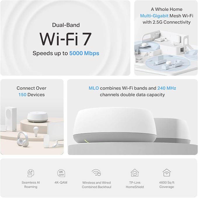 TP-Link Deco 7 BE25 Dual-Band BE5000 WiFi 7 Mesh Wi-Fi System | 4-Stream 5 Gbps, 240 Mhz Channels | Covers up to 4,600 Sq.Ft | 2X 2.5G Ports Wired Backhaul | VPN,MLO, AI-Roaming, HomeShield, 2-Pack - Image 3