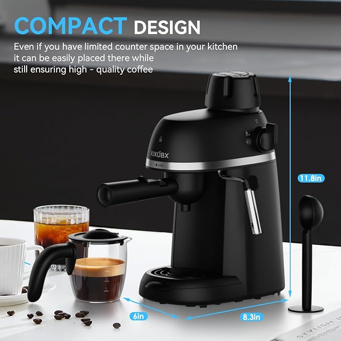 XIXUBX Compact Espresso & Cappuccino Machine, 3.5 Bar with Steam Wand | 800W Fast Heating, Safety Lock & Tritan Cup, One-Touch 4-Cup Brewing & Powerful Steam for Latte, Black for Home & Office - Image 7