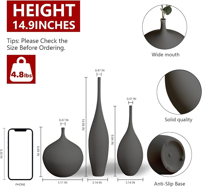 Relexome Black Ceramic Vase Modern Boho Wabi-Sabi Flower Vase Set of 3 Decorative Aesthetic Vases for Centerpieces Matte Minimalist Vases for Living Room Table Shelf Home Decor Gift - Image 2