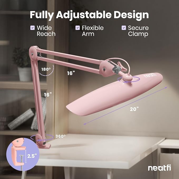 Neatfi XL 2200 Lumens 24W LED Desk Lamp – Shadow-Free Task Lighting | 4-Level Dimming | Home Office & Crafts Use | 20-Inch Wide Head (Rose Gold, Non-CCT with Clamp) - Image 7