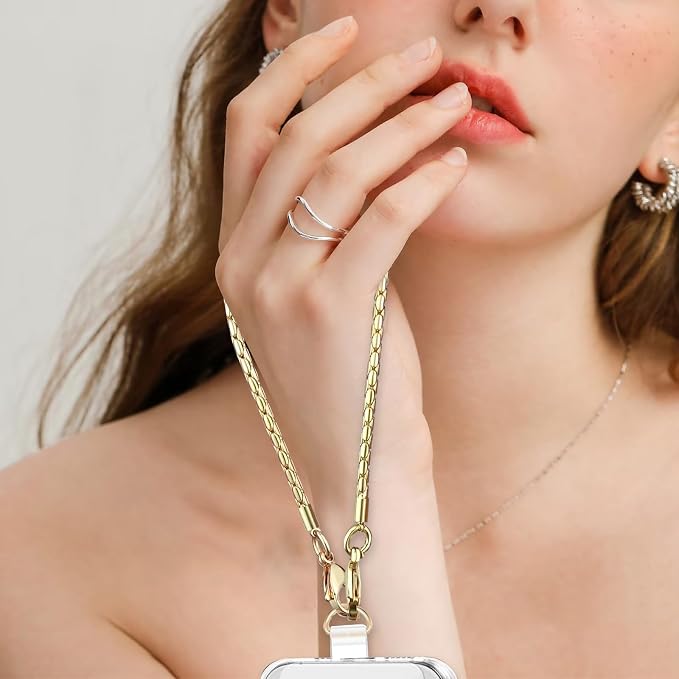 Phone Wrist Strap Metal Phone Chain Lanyard Hand Wristlet Detachable Phones Charm with 3 Tether Tabs with CellPhone Stand Holder Finger Grip Universal for Women Girls Traveling Party Walking Gold - Image 3