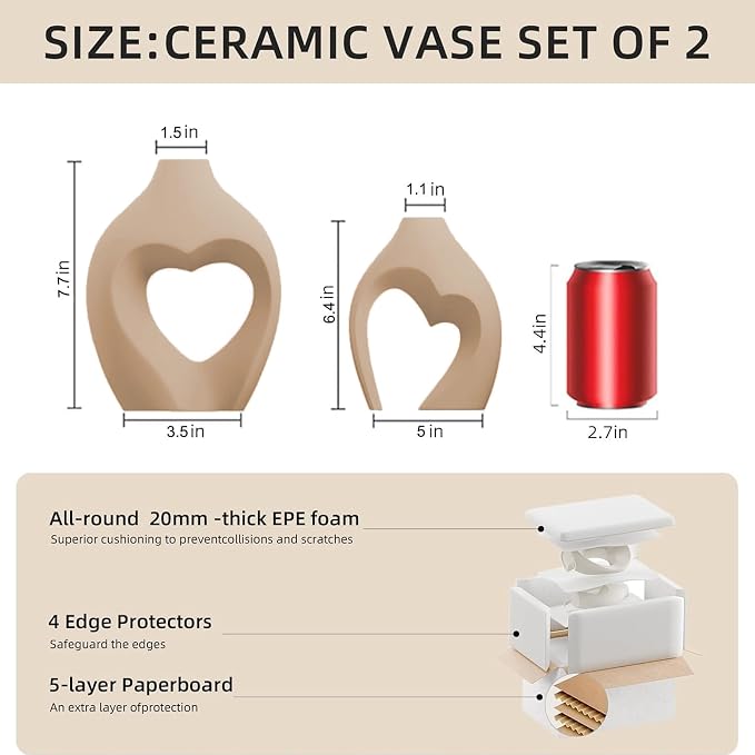 Ceramic Flower Vases Home Decor Heart Shaped Vase Set of 2 | Nordic Heart Shaped Vases Minimalist Decorative Vase for Table Centerpiece Wedding Dining Living Room Office House Decoration - Image 2