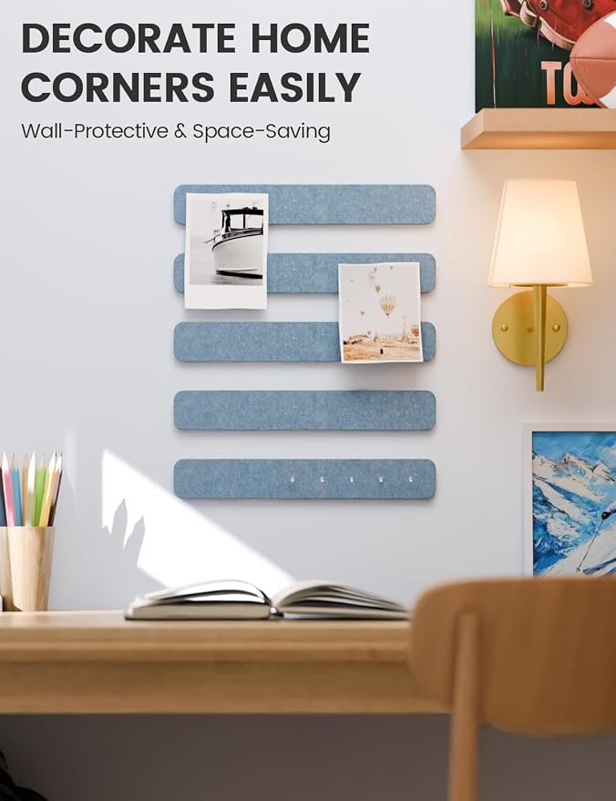 Fluxynara 13" x 2" Felt Wall Panels, Dusty Blue | 5-Pack Cork Board Alternative with 35 Push Pins, Adhesive Mounting for Bedroom Door or Home Office - Image 4