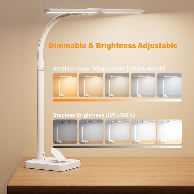 LED Desk Lamp with Base - Bright Dimmable Computer Lamp with Phone Holder, 24W Bendable Desk Light for Monitor Screen, Eye-Caring Tall Desktop Light for Task Home Office Work, White, Dual Head - Image 3