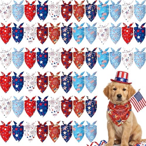 Weewooday 50 Pcs 4th of July Dog Bandanas Bulk for 1776 Patriotic 250th Anniversary Star Red White and Blue Independence Day Flag Scarf for Small Medium Large Outfit(Star, 19.7 x 13.8 x 13.8 Inch) by Weewooday