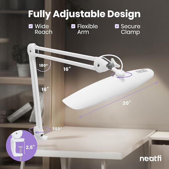 Neatfi XL 2200 Lumens 24W LED Desk Lamp – Shadow-Free Task Lighting | 4-Level Dimming | Home Office & Crafts Use | 20-Inch Wide Head (White, Non-CCT with Clamp) - Image 7
