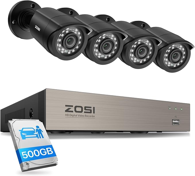 ZOSI 8CH 3K Lite Home Wired Security Camera System, AI Human Vehicle Detection, 4pcs 1920TVL 2MP Indoor Outdoor Camera, Night Vision, H.265+ 8 Channel DVR with 500GB Hard Drive for 24/7 Recording by ZOSI