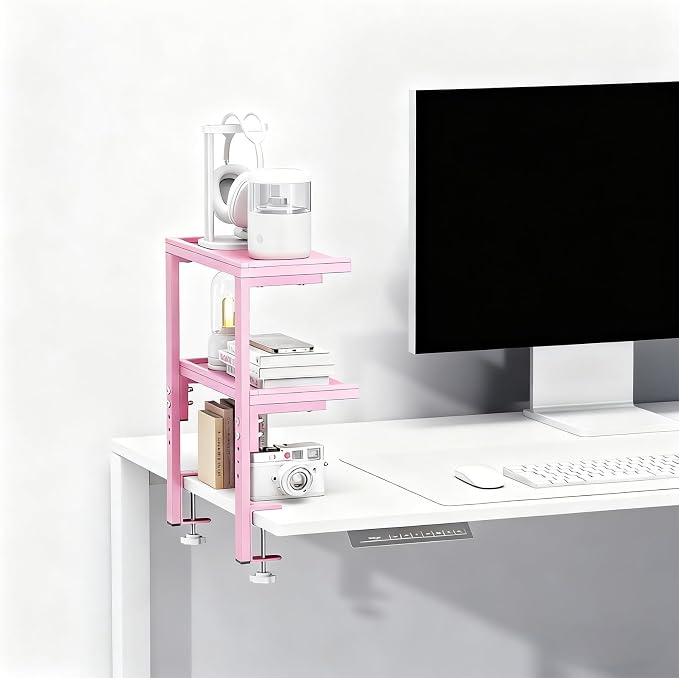 Spacrea Clamp on Desk Shelf, 2 Tier Office Desk Shelves Organizer, Wood Desktop Supplies Storage Rack, Desk Organizers and Accessories (Pink) - Image 6