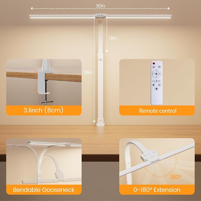 LED Desk Lamp - Bright Dimmable Computer Lamp, 24W Bendable Desk Light for Monitor Screen, Eye-Caring Tall Desktop Light for Task Home Office Work, White, Dual Head - Image 5