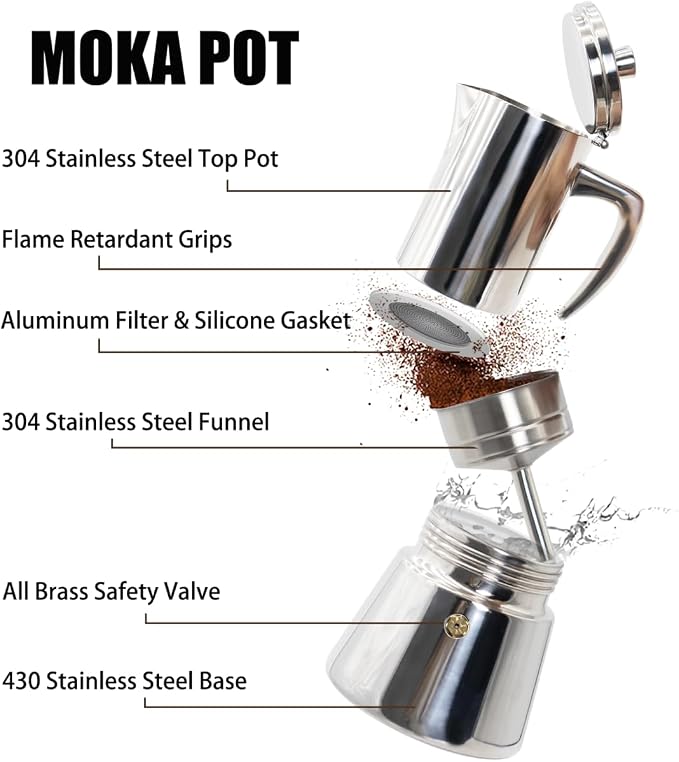 12 Cup Thickened 304 Stainless Steel Moka Pot Stovetop Espresso Maker Cafeteras Italian Percolator Espress Makers Capable Greca Mocha Coffee Machine for Induction Home and Camping 600ml 20oz - Image 4
