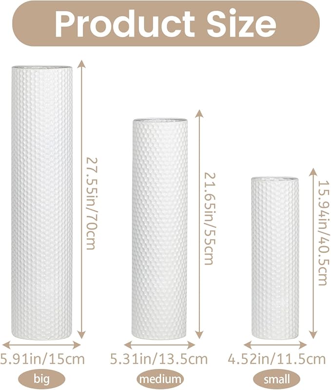 Dnnnii Tall Floor Vases Set of 3 - White Metal Cylinder Vases for Living Room Corner, Modern Honeycomb Texture, Extra Large Standing Decor (Tallest 27.6in, Home Bedroom Dining Decor) - Image 3