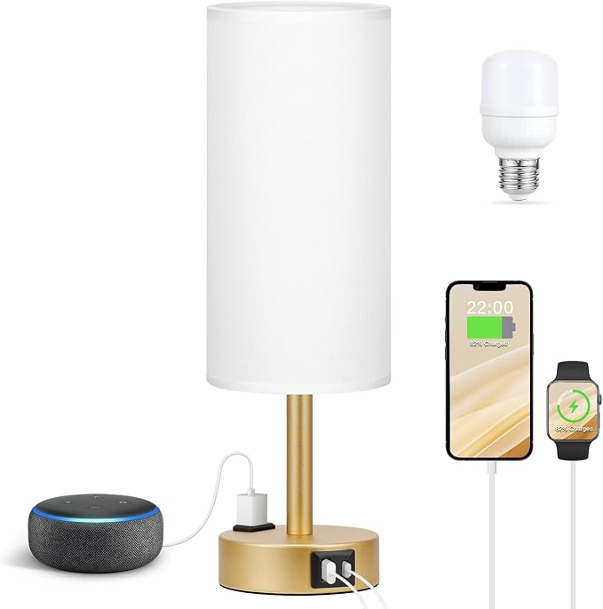 Fenmzee Gold Touch Lamp for Bedroom- 3 Way Dimmable Bedside Lamp USB C A Charging Ports and AC Outlet, Small Table Lamp White Linen Lampshade for Gift, LED Bulb Included - Image 5