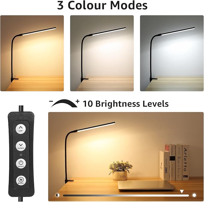 Lepro Clip on Desk Lamp, LED Reading Light with Clamp, 460LM 5W, Black | 3 Color Modes 10 Brightness, Dimmable, USB Small Desk Light with Gooseneck Swing Arm for Nail, Home Office and Dorm - Image 2