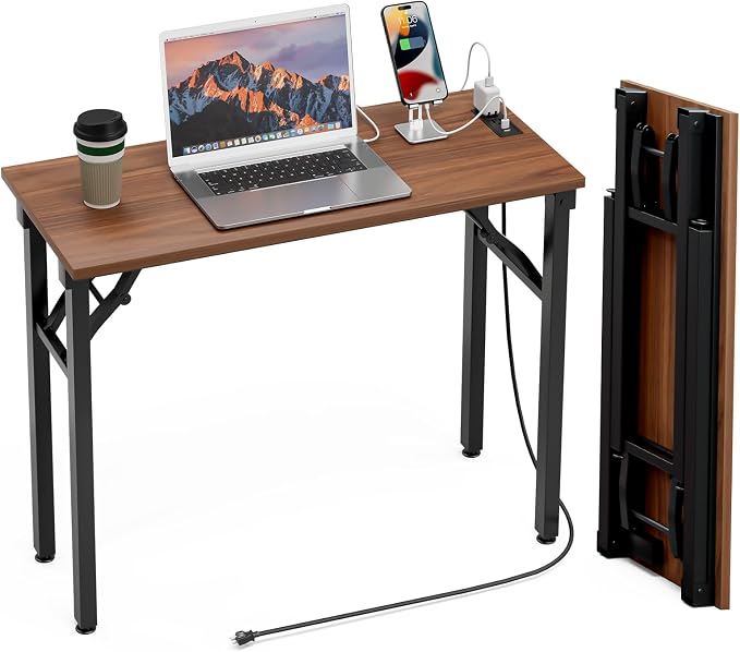 TEMI Small Computer Desk Folding Table - No Assembly, Compact 35.8" Foldable Desk with Power Outlets & USB Charging Port, Portable Small Office Desk, Ideal Mini Study Table for Narrow Spaces, Walunt by TEMI