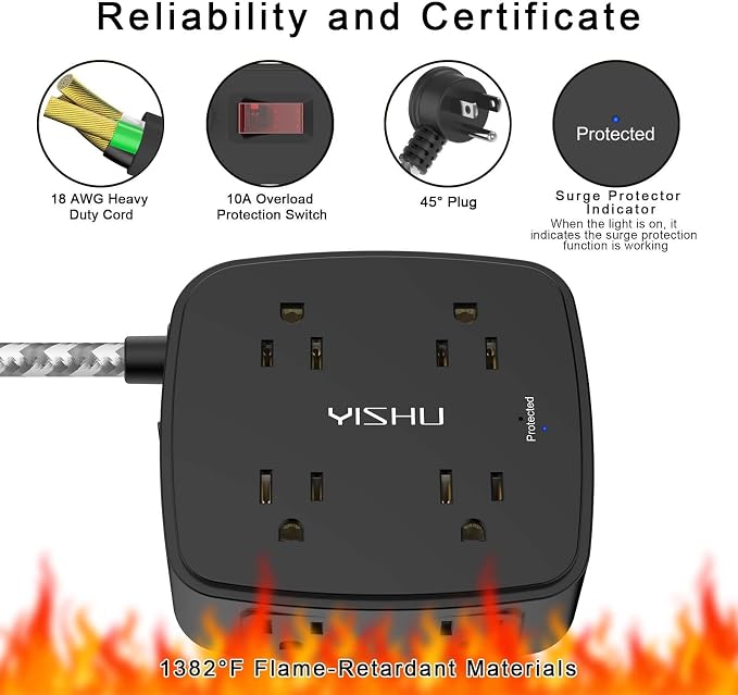 Surge Protector Power Strip - YISHU 8 Outlets with 4 USB (2 USB C) Charging Ports, 5Ft Braided Extension Cord, Flat Plug Multi Plug Outlet Extender Charging Station for Home Office, ETL, Black - Image 6