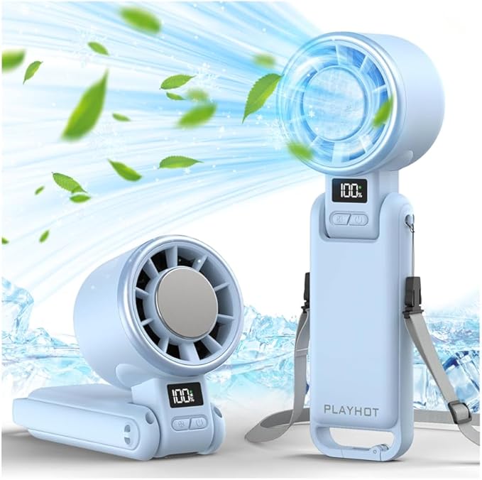 PlayHot Upgraded Portable Handheld Fan with 60°F Ice Cooling, Up tp 12Hrs Personal Fans Portable Rechargeable, 5 Speed 25550RPM Powerful Portables Fan Handheld, Hand/Neck/Desk Fan 3 IN 1(Blue) by PlayHot-CoolSummer