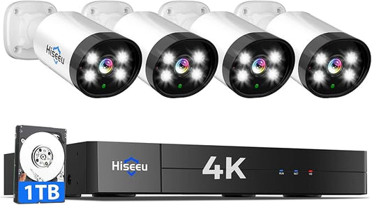 Hiseeu 4K Wired Security Camera System Outdoor 4 Channel with Audio | Smart Dual Light,AI Human/Vehicle Detection,1TB HDD,4K Surveillance DVR Kit 8CH,4X8MP Home CCTV Cameras,Smart Playback by Hiseeu