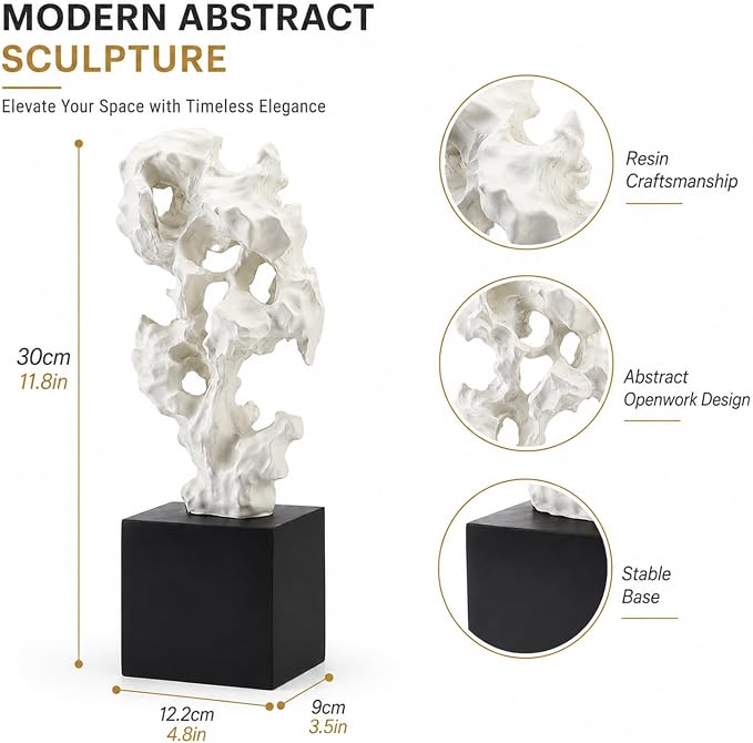 11.8" Modern Abstract Sculpture | Stone Home Decor, Resin White and Black Art Statues for Living Room, Coffee Table Centerpiece, TV Stand Shelf Bookshelf Decor - Image 3