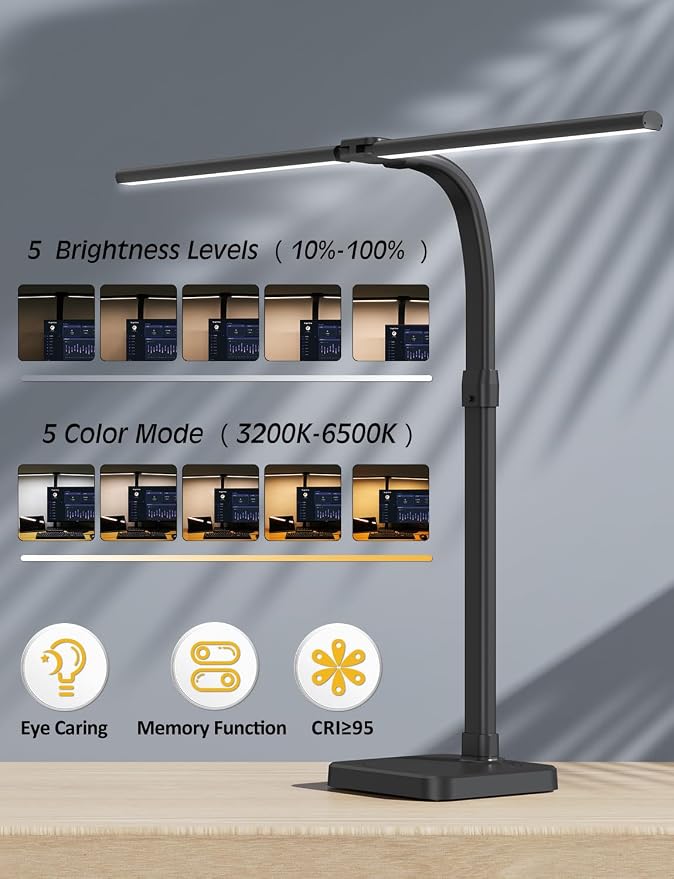 AKRRYR LED Desk Lamp for Home Office, Double Head 24W with Base, Architect Light 5 Lighting Brightness Flexible Gooseneck Table Reading Study, Black - Image 2