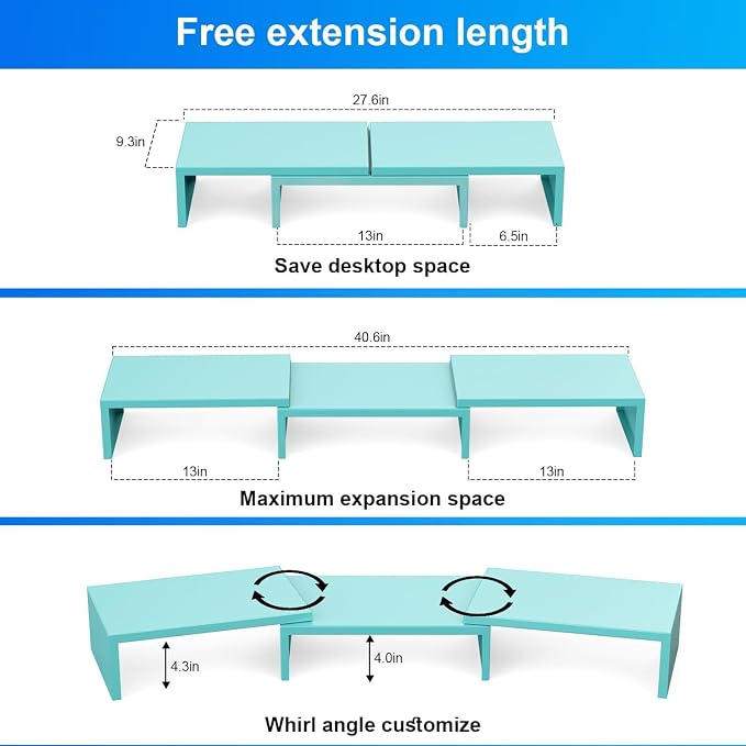 Dual Monitor Stand for Desk, Metal Computer Stand, Desk Shelf Riser,Desktop Organizer for Home and Office Use (Blue) - Image 4