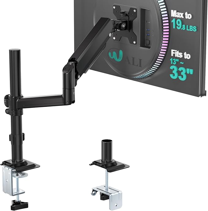 WALI Single Monitor Arm 13-33 Inch, Single Monitor Mount, Vesa Desk Mount up to 19.8lbs Single Monitor Stand with Clamp, VESA 75x75mm or 100x100mm Compatibility(GSDM001), Black by WALI