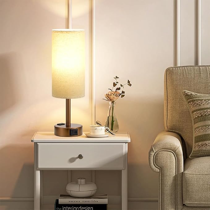 Fenmzee Brown Bedside Table Lamp for Bedroom - 3 Way Dimmable Touch Lamp USB C Charging Ports and AC Outlet, Small Lamp Round Flaxen Fabric Shade for Living Room, Desk, LED Bulb Included - Image 8