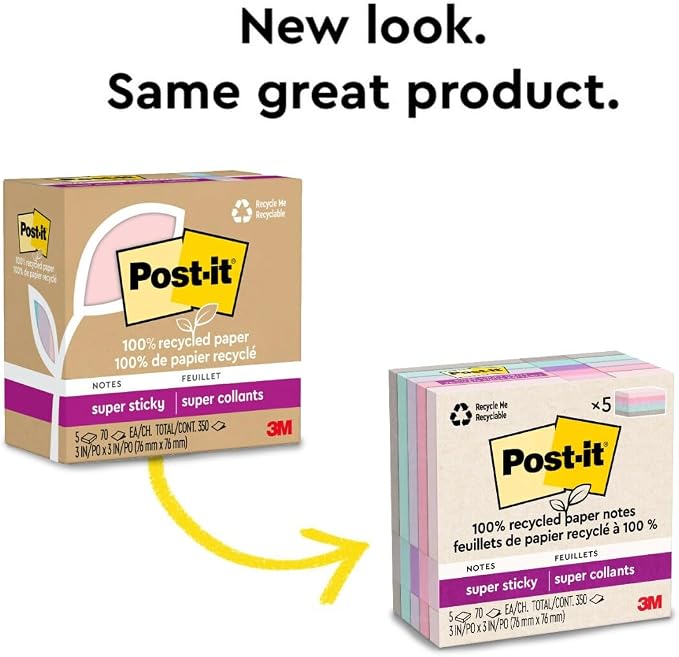 Post-it 100% Recycled Super Sticky Notes, 3 x 3 in, Pastels, 5 Pads | School Supplies and Office Products, 2X the Sticking Power - Image 9