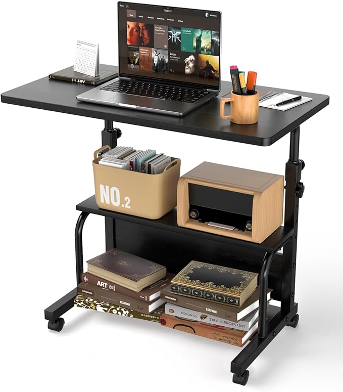 QZMDSM Portable Rolling Desk on Wheels Adjustable Height Desks for Small Spaces, 32" Computer Desk Drafting Tables with Storage Shelves for Home Office Black by QZMDSM