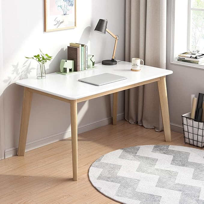 IOTXY Simple Wooden Writing Desk - Modern Minimalist Style PC Laptop Computer Workbench with Solid Wood Legs, 39" W Home Office Work Table for TV Stand Music Video Live Broadcast Workstation, White by IOTXY