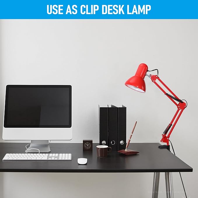 TORCHSTAR Metal Desk Lamp, Adjustable Swing Arm, E26, Red | Architect Gooseneck Multi-Joint Clip Table Lamp with Plastic Clamp, for Home Office, Work, Study, Reading, Bulbs not Included - Image 4