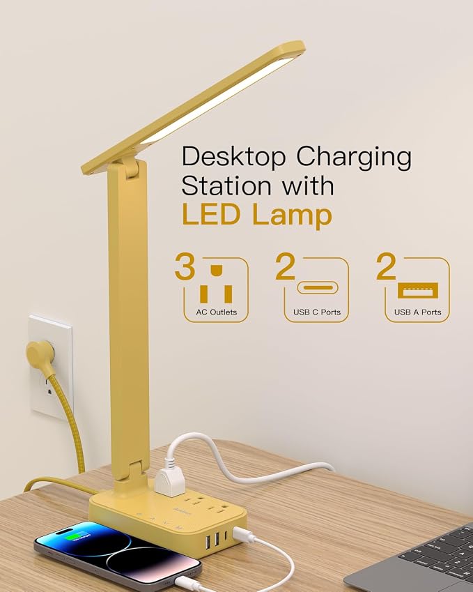 Addtam LED Desk Lamp, Power Strip with 3 Outlets 4 USB Charging Ports(2 USBC), 4 Modes 5 Level Brightness Touch Lamp, Small Desk Lamp for Home Office College Dorm Room Essentials, Yellow - Image 2