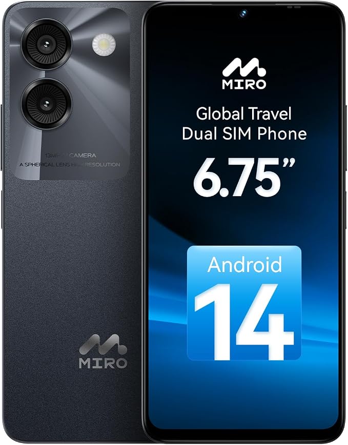 MIRO Smartphone Ultra-Light 6.75" Big Screen 4G+64GB Internal(1TB Expandable Storage) 13MP AI Dual Camera 5MP Front Cam 4900mAh Battery Android 14 Dual SIM Global Compatible(Black) by Unknown