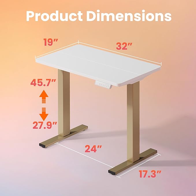 HUANUO 32" Small Electric Standing Desk Adjustable Height, 4 Memory Height Settings, Sit Stand Up Desk for Home Office & Computer Workstation, White and Gold Frame - Image 3
