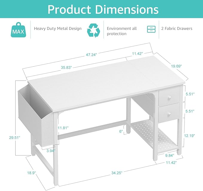 Lufeiya White Computer Desk with Drawers - 47 Inch PC Desk for Small Space Bedroom Home Office, Modern Simple Study Writing Table Desks with Storage Shelf, White - Image 3