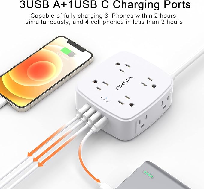 10 Ft Surge Protector Power Strip - YISHU 3 Side Outlet Extender with 8 Widely AC Outlets and 4 USB Ports, 10 Feet Extension Cord with Flat Plug, Wall Mount Desk USB Charging Station, ETL,White - Image 4