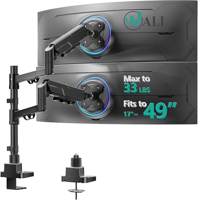 WALI Vertical Dual Monitor Mount for 17-49 inch Ultrawides Curved Screens, Heavy Duty Stacked Dual Monitor Stand for Desk, Adjustable Ultrawide Monitor Arm up to 33lbs, VESA Mount 75/100mm, Black by WALI