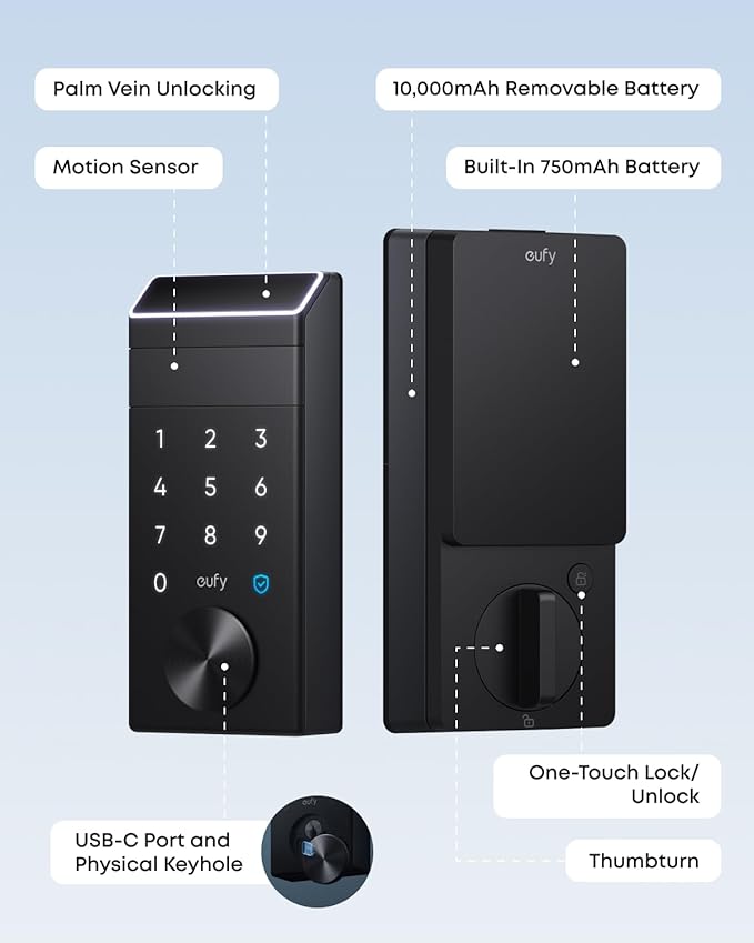 eufy Security Smart Lock FamiLock E34 with Palm Vein Recognition, Keyless Entry Door Lock for Front Door, Wi-Fi Keypad Deadbolt, ANSI/BHMA Grade 1, Auto Lock, IP65 Waterproof, No Monthly Fee - Image 2