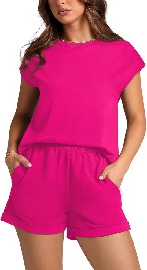 WIHOLL 2 Piece Sets for Women Casual Summer Travel Vacation Outfits Cap Sleeve Shorts Lounge Set - Image 2