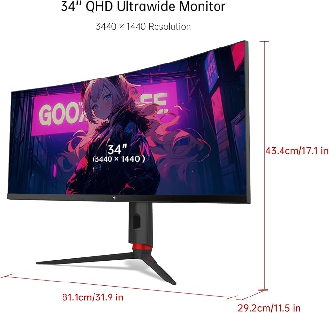 KTC 34 Inch Curved Ultrawide Gaming Monitor, 21:9, 3440x1440p 180Hz 1ms, 1500R Curved Monitor, Freesync G-sync, Picture by Picture,PIP, Height/Tilt/Swivel/Pivot, H34S18S - Image 9