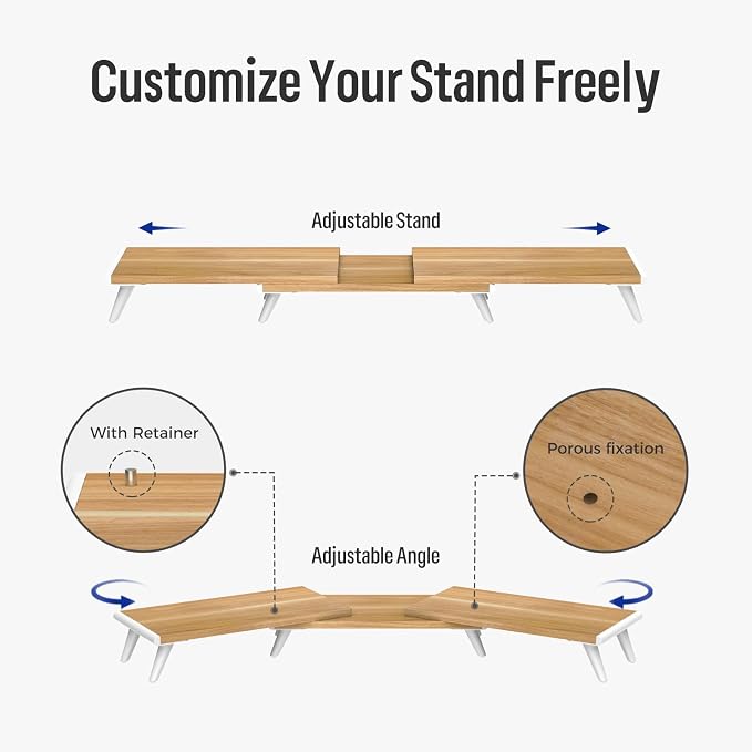 loukin Dual Monitor Stand Riser for Desk, 43.6"*8.2"*3.2" Large Computer Stand for 2 Monitors, Laptop, Printer, Length and Angle Adjustable Computer Shelf, Home Office,Max 43.6" Length Natural - Image 3