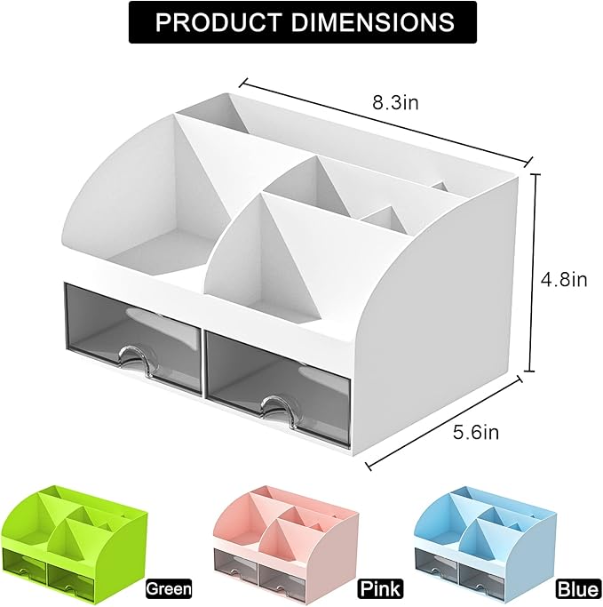 COMFYROOM Desk Organizer with 6 Compartments and 2 Drawers, Plastic Makeup Organizer, Pen Holder for Desktop Storage, Desk Organization for School, Home, Office Supplies (White) - Image 2
