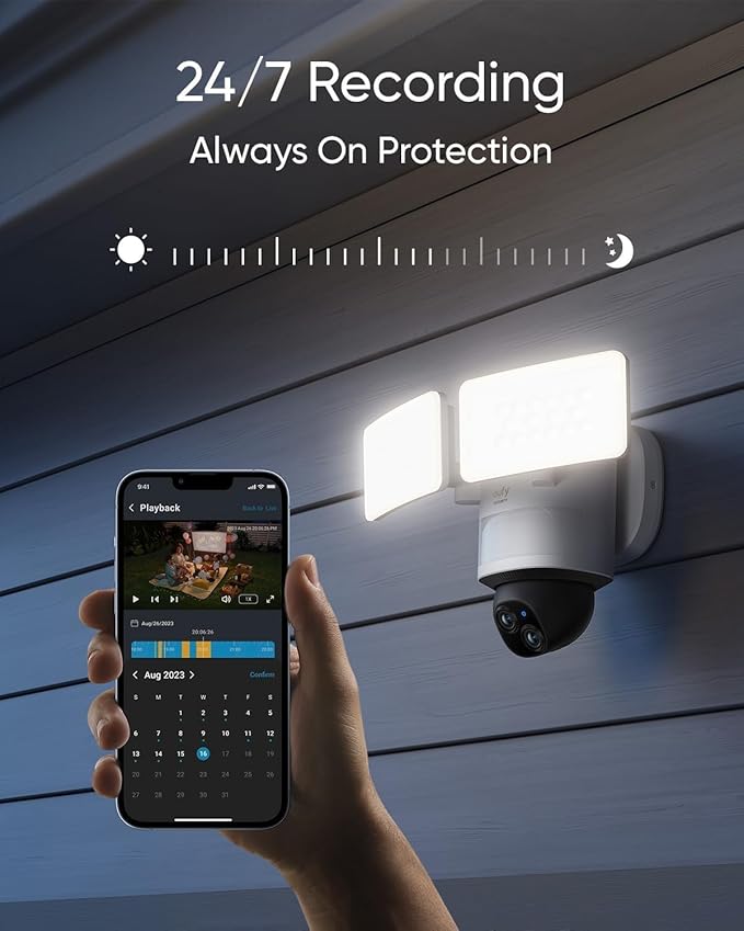 eufy Floodlight Camera E340(with AC Cable),Security Camera Outdoor, 360° PTZ, 24/7 Recording, 2.4G/5G Wi-Fi, 2000 LM, Motion Detection, Built-in Siren, Dual Cam, HB3 Compatible, No Monthly Fee - Image 3