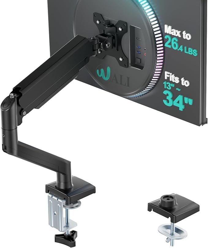 WALI Single Monitor Mount for 13-34 inch Screens, Adjustable Single Monitors Arm, Regular Screen up to 32 inch, 26.4lbs, Computer Monitor Stand for Desk, VESA 75/100mm (GSMP001N), Black by WALI