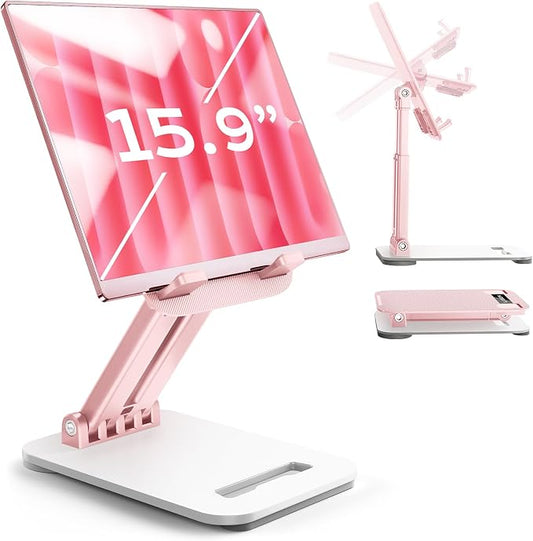 LISEN for iPad Stand Adjustable Tablet Holder Desk, iPad Accessories Pink | Foldable eBook Readers Desk Accessories Fits Kindle Stand 4-15.9" by Lisen