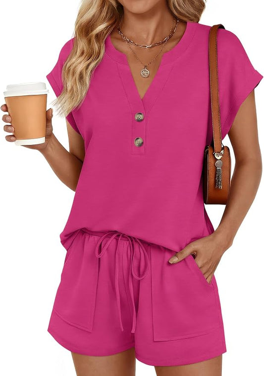 LILLUSORY 2 Piece Summer Set 2026 Henley Top & Drawstring Shorts with Pockets by Lillusory